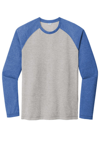 Sport-Tek PosiCharge Long Sleeve Tri-Blend Wicking Raglan Tee (True Royal Heather/ Light Grey Heather)