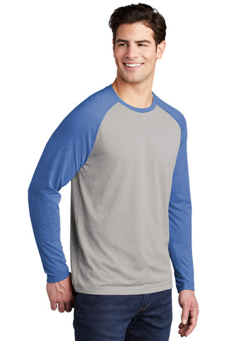 Sport-Tek PosiCharge Long Sleeve Tri-Blend Wicking Raglan Tee (True Royal Heather/ Light Grey Heather)