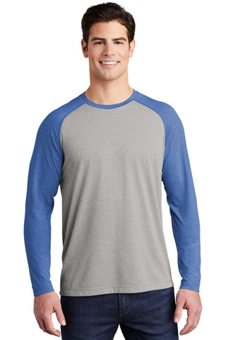 Sport-Tek PosiCharge Long Sleeve Tri-Blend Wicking Raglan Tee (True Royal Heather/ Light Grey Heather)