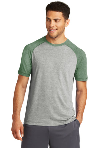 Sport-Tek PosiCharge Tri-Blend Wicking Raglan Tee (Forest Green Heather/ Light Grey Heather)