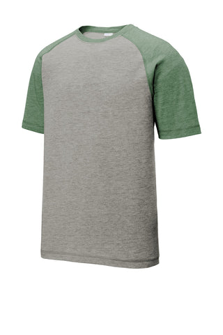 Sport-Tek PosiCharge Tri-Blend Wicking Raglan Tee (Forest Green Heather/ Light Grey Heather)