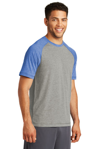 Sport-Tek PosiCharge Tri-Blend Wicking Raglan Tee (True Royal Heather/ Light Grey Heather)