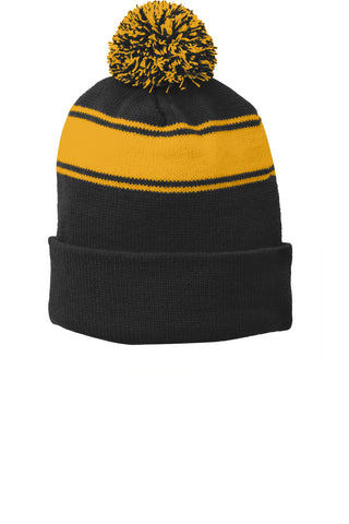 Sport-Tek Stripe Pom Pom Beanie (Black/ Gold)