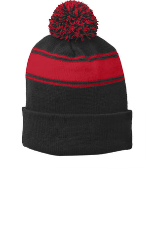 Sport-Tek Stripe Pom Pom Beanie (Black/ True Red)