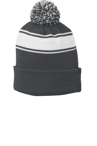 Sport-Tek Stripe Pom Pom Beanie (Iron Grey/ White)