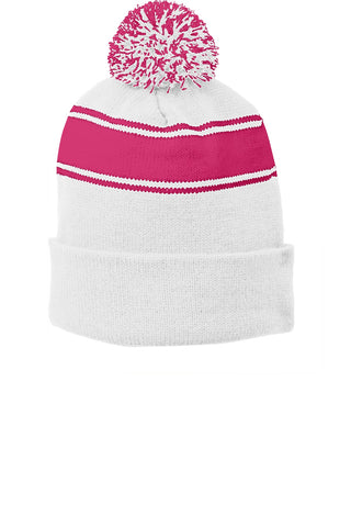 Sport-Tek Stripe Pom Pom Beanie (White/ Pink Raspberry)