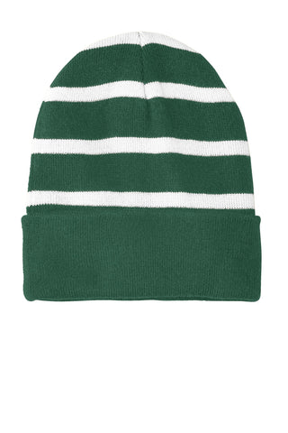 Sport-Tek Striped Beanie with Solid Band (Forest Green/ White)