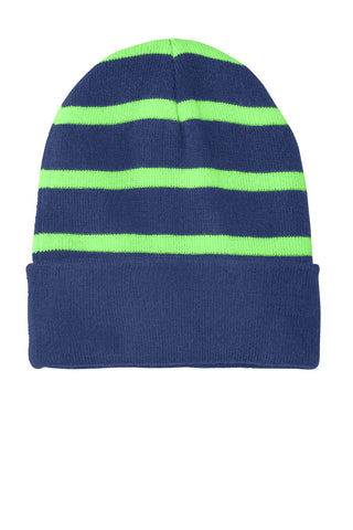 Sport-Tek Striped Beanie with Solid Band (Team Navy/ Flash Green)