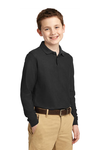 Port Authority Youth Long Sleeve Silk Touch Polo (Black)