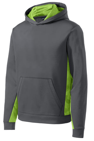 Sport-Tek Youth Sport-Wick CamoHex Fleece Colorblock Hooded Pullover (Dark Smoke Grey/ Lime Shock)