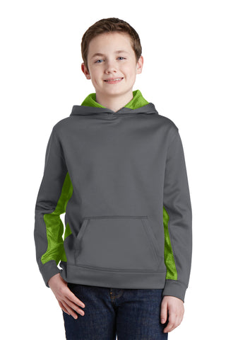 Sport-Tek Youth Sport-Wick CamoHex Fleece Colorblock Hooded Pullover (Dark Smoke Grey/ Lime Shock)
