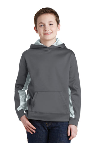 Sport-Tek Youth Sport-Wick CamoHex Fleece Colorblock Hooded Pullover (Dark Smoke Grey/ White)