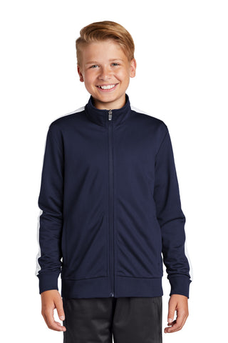 Sport-Tek Youth Tricot Sleeve Stripe Track Jacket (True Navy/ White)